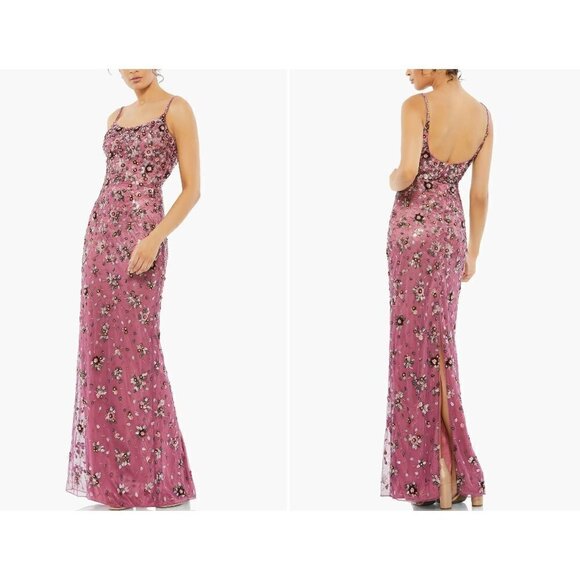 New Mac Duggal Size 12 Floral Beaded Column Gown Raspberry *Hole, Beads missing* - Picture 1 of 16